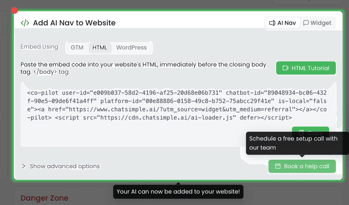 Embed process showing how to add custom code to website