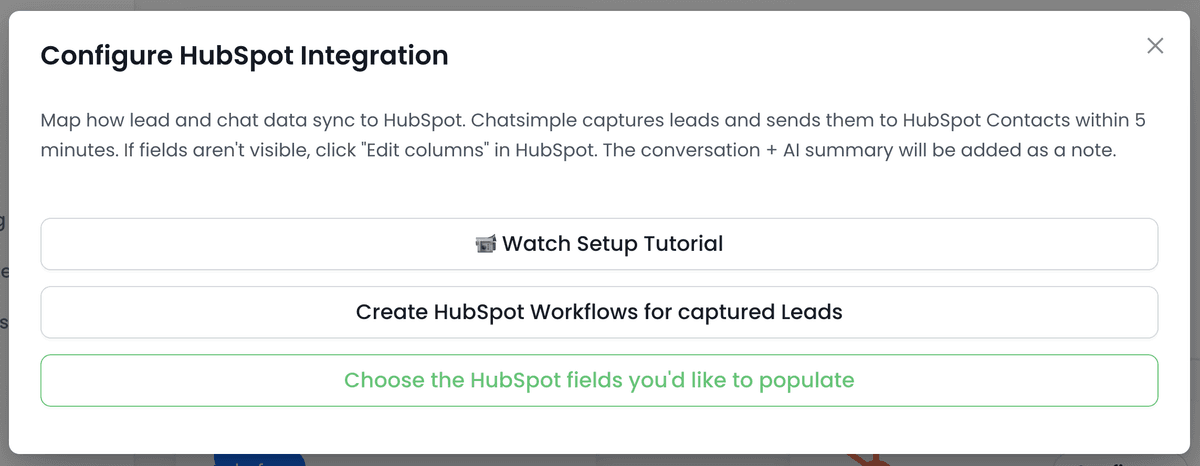 Field mapping interface showing HubSpot integration configuration