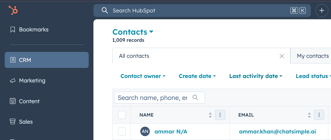HubSpot CRM integration showing contact data